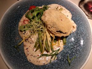Celeriac 'seafood' steak on cauliflower pear puree. at Vegan Restoran V in Tallinn