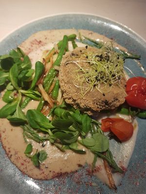 Seafood celeric with Jerusalem artichoke puree SIMPLY WONDERFUL!!! at Vegan Restoran V in Tallinn