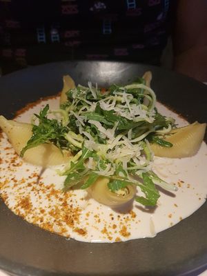 Shell pasta filled with tofu and spinach, in a white sauce with wine, AMAZING!!! at Vegan Restoran V in Tallinn