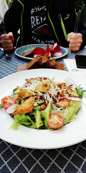 Red Beet Ravioli and Caesar Salad at Vegan Restoran V in Tallinn