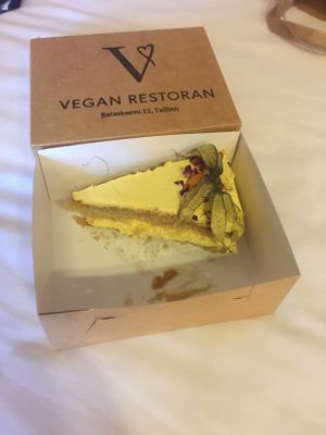 Sponge with mangosteen cream at Vegan Restoran V in Tallinn