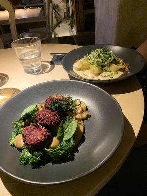 Jackfruit-Beetroot-Chickpea Balls & Filled Pasta shells  at Vegan Restoran V in Tallinn