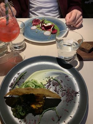 Seafood plate & beetroot ravioli with cream cheese  at Vegan Restoran V in Tallinn