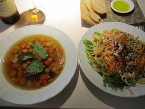 soup and vegetable-noodle salad at Vegan Restoran V in Tallinn