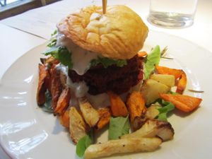 Chickpea burger with baked vegetables at Vegan Restoran V in Tallinn