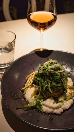 "Fish cutlet“ with smoky carrot cream, cauliflower sunroot puree and warm salad at Vegan Restoran V in Tallinn