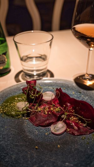 Beetroot ravioli with cashew cheese and basil pesto at Vegan Restoran V in Tallinn