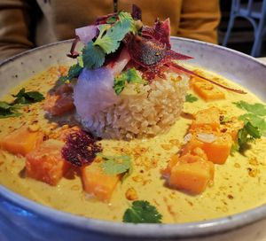 Coconut peanutbutter curry with sweet potato and pumpkin (main) at Vegan Restoran V in Tallinn
