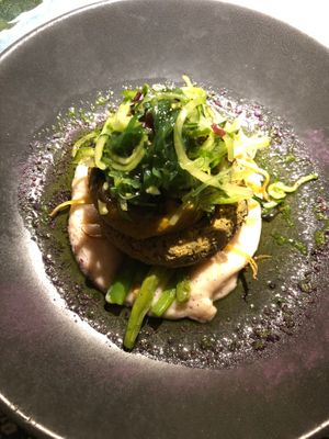 Fish cutlet“ with smoky carrot cream, cauliflower sunroot puree and warm salad at Vegan Restoran V in Tallinn