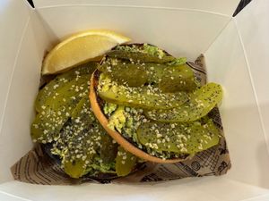 Off menu avocado and gherkin bagel at Sunshine Açai in Mooloolaba