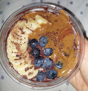 Acai with blueberries, banana, cacao nibs and almond butter at Açaí Zone in Rhodes