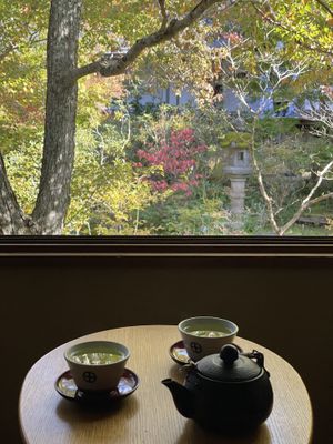Tea always ready in your room (mochi provided is not vegan)  at Ekoin in Koya