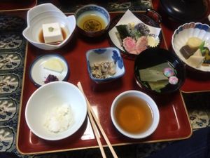 Shojin Ryori (traditional Buddhist cuisine) is cooked by the monks and served to you in your room. All of the food is vegan. at Ekoin in Koya