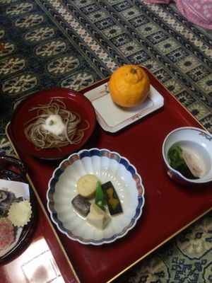 The rest of our dinner, including an orange for dessert. at Ekoin in Koya