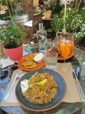 Bread, plantain & paella  at Temple Natura in Mallorca