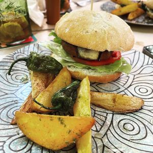 Blue cheese burger and homemade wedges  at Temple Natura in Mallorca