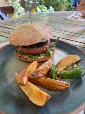 Heura burger with blue cheese. I would it another one for sure. at Temple Natura in Mallorca