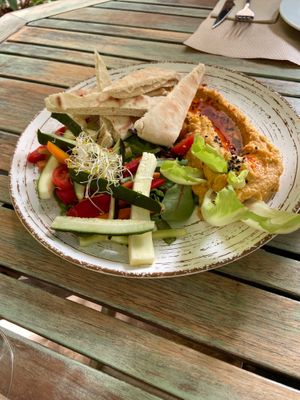 The most amazing hummus with pita bread and crudités at Temple Natura in Mallorca