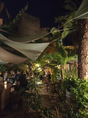 The garden of the restaurant at Temple Natura in Mallorca