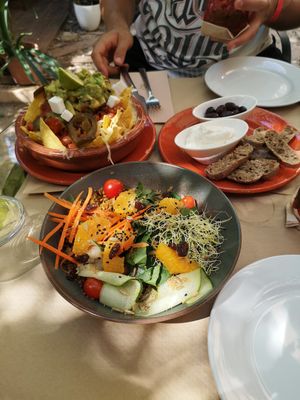 Vegan Nachos Natura, Lentil Salad and special bread with vegan aioli at Temple Natura in Mallorca
