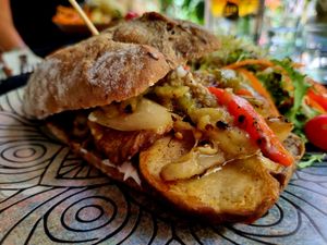 Seitan nugget sandwich. at Temple Natura in Mallorca