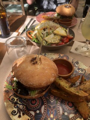 Vegan blue cheese burgers, smoked tofu salad  at Temple Natura in Mallorca