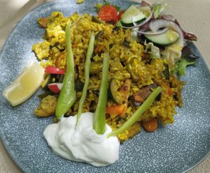 Chef’s special dish, paella. at Temple Natura in Mallorca