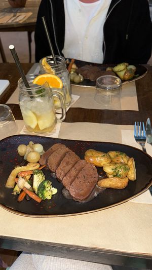 Seitan with potatoes and vegetables, was very very tasty and good but a little bit too less.  at Temple Natura in Mallorca