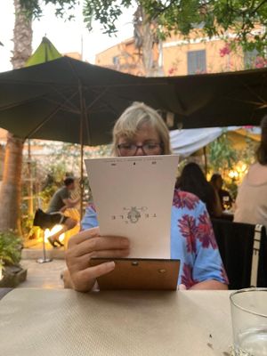 Reading the menu   at Temple Natura in Mallorca