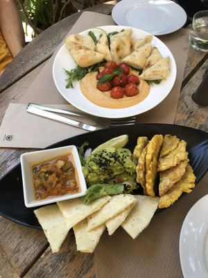 Hummus and guacamole with arepas   at Temple Natura in Mallorca