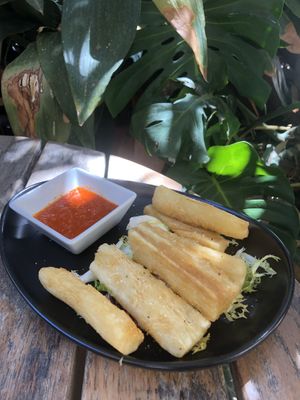 Yuca Frita con mojo rojo   at Temple Natura in Mallorca
