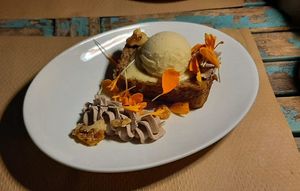Chef's Dessert - banana bread with choco cream and ice cream at Temple Natura in Mallorca