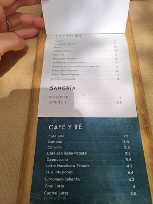 Drinks menu at Temple Natura in Mallorca