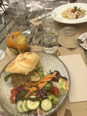 Focaccia sandwich and pasta carbonara  at Temple Natura in Mallorca