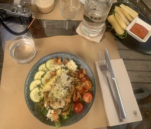 Caesar salad and fried yuca  at Temple Natura in Mallorca