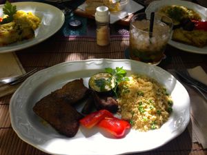 Our meals (saitan, vegetables, couscous) at Temple Natura in Mallorca