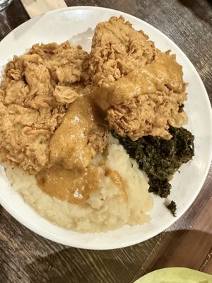 County fried steak with mashed potato’s   at Souley Vegan in Oakland