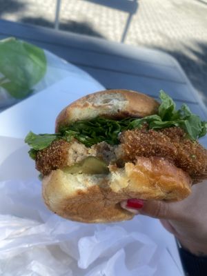 Chik’n Sandwich - a tad greasy for me, but very good! 😛Crispy house-made vegan chik’n (Veggies, herbs, spices and wheat protein) w/ lettuce, tomato, pickles, and Creole mayo at Souley Vegan in Oakland