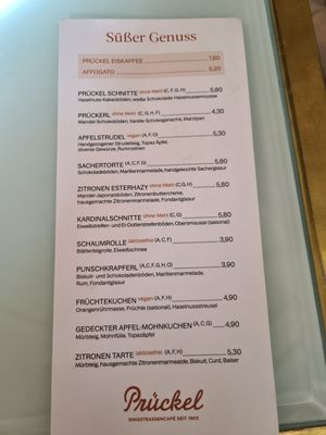 Dessert\cake menue at Café Prückel in Vienna