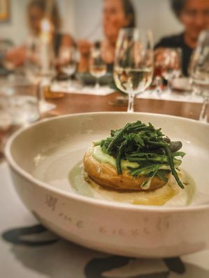 Olive oil braised artichoke with pea cream, sorrel foam and sea beans salad  at Pan Kitchen - Pop Up  in Istanbul