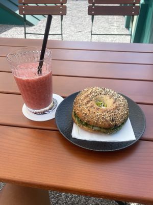 Avocado bagel and smoothie of the day   at Belle Epoque - Bistro + Cafe in Ehrwald