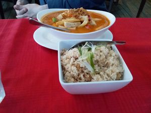 Peanut curry with coconut rice at Choc Dee in Palm Cove