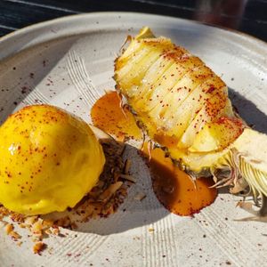 Roast pineapple, caramel, mango sorbet at Nu Nu in Palm Cove