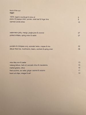 All vegan menu  at Nu Nu in Palm Cove