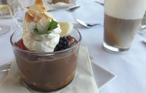 chocolate mousse with cake, strawberries and whipped cream at Gare du Nord in Rotterdam