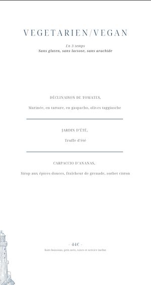 Vegan menu as of July 2025 at Restaurant Le Jardin Délice in Bretagne