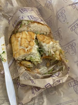 Jaymeetless on Dutch bread: fried chicken, cheese, subbed buffalo for BBQ, no ranch  at Ike's in Fort Collins
