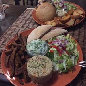 burger and gyros at Kozmosz Vegan Etterem in Budapest