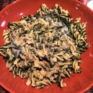 spinach cream pasta at Kozmosz Vegan Etterem in Budapest