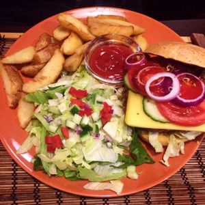 veggie burger  at Kozmosz Vegan Etterem in Budapest